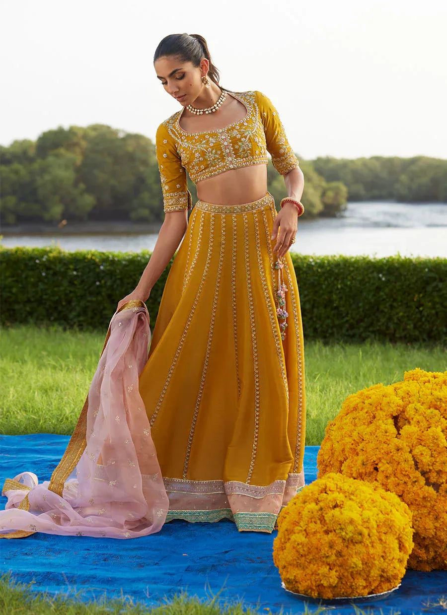 Farah Talib Aziz | Mayna Festive Luxe Pret | Zard Lengha Choli - Aqsa Fabrics