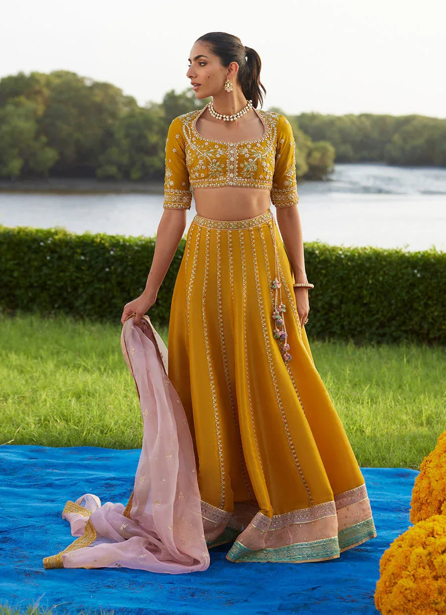 Farah Talib Aziz | Mayna Festive Luxe Pret | Zard Lengha Choli - Aqsa Fabrics