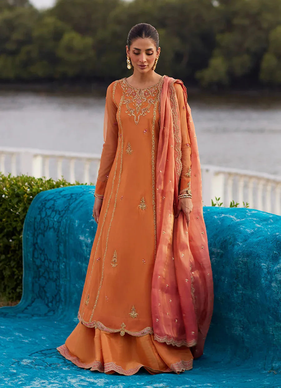 Farah Talib Aziz | Mayna Festive Luxe Pret | Anarkali Apricot Kalidaar And Dupatta - Aqsa Fabrics