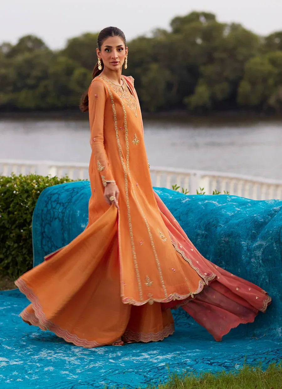 Farah Talib Aziz | Mayna Festive Luxe Pret | Anarkali Apricot Kalidaar And Dupatta - Aqsa Fabrics
