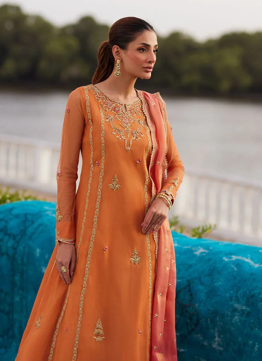 Farah Talib Aziz | Mayna Festive Luxe Pret | Anarkali Apricot Kalidaar And Dupatta - Aqsa Fabrics