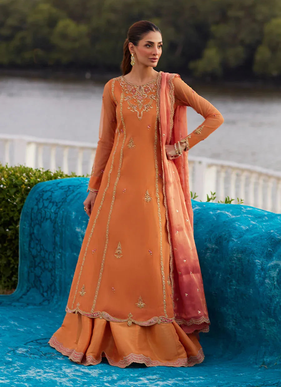 Farah Talib Aziz | Mayna Festive Luxe Pret | Anarkali Apricot Kalidaar And Dupatta - Aqsa Fabrics