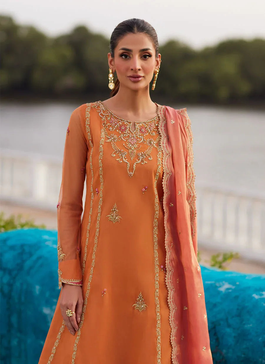 Farah Talib Aziz | Mayna Festive Luxe Pret | Anarkali Apricot Kalidaar And Dupatta - Aqsa Fabrics
