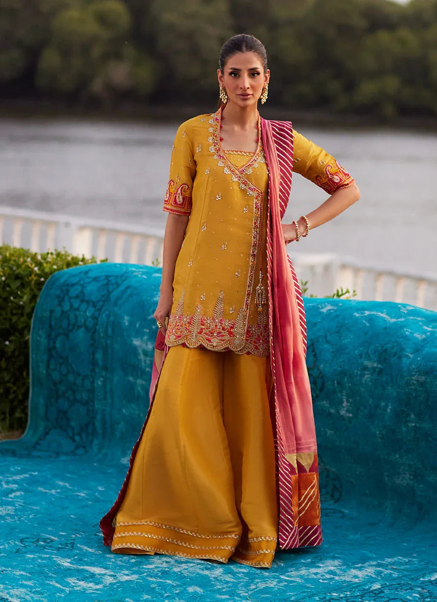 Farah Talib Aziz | Mayna Festive Luxe Pret | Henna Saffron Angharkha And Dupatta - Aqsa Fabrics