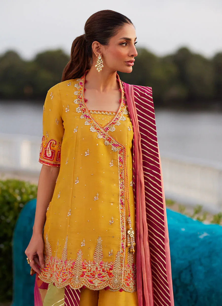 Farah Talib Aziz | Mayna Festive Luxe Pret | Henna Saffron Angharkha And Dupatta - Aqsa Fabrics