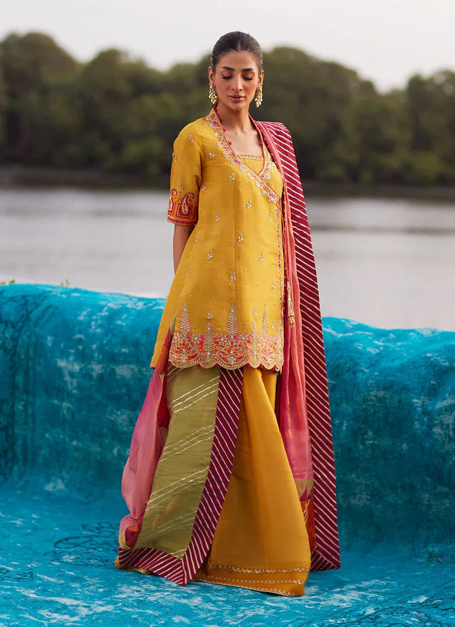 Farah Talib Aziz | Mayna Festive Luxe Pret | Henna Saffron Angharkha And Dupatta - Aqsa Fabrics