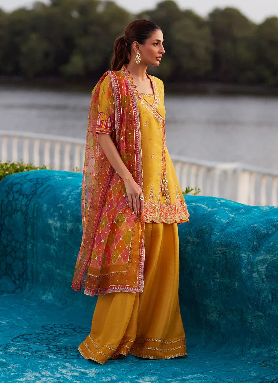 Farah Talib Aziz | Mayna Festive Luxe Pret | Henna Saffron Angharkha And Dupatta - Aqsa Fabrics