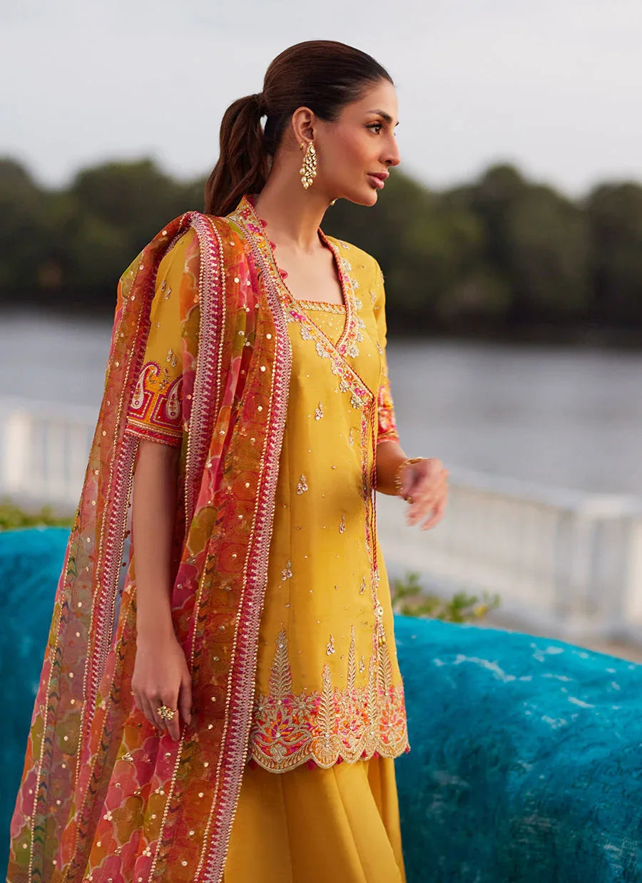 Farah Talib Aziz | Mayna Festive Luxe Pret | Henna Saffron Angharkha And Dupatta - Aqsa Fabrics