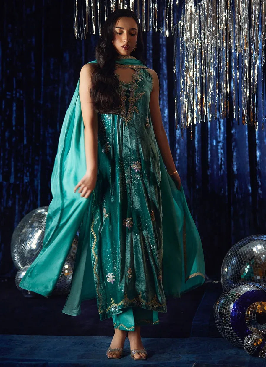 Farah Talib Aziz | Velvet Fete 4 | Ansy Aqua Shirt And Dupatta - Aqsa Fabrics