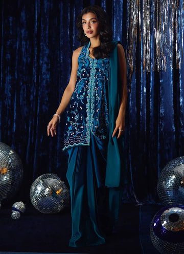 Farah Talib Aziz | Velvet Fete 4 | Pri Prussian Blue Saari Jacket - Aqsa Fabrics
