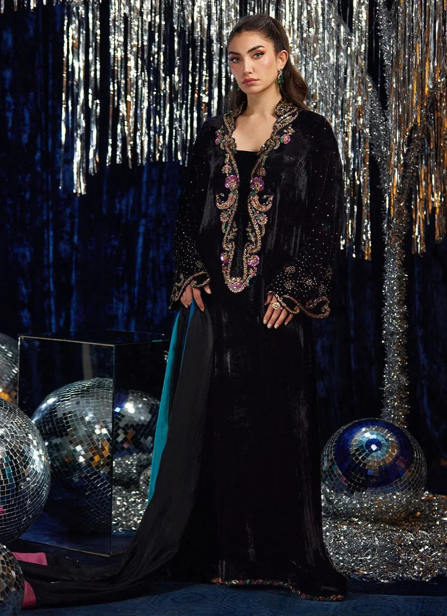 Farah Talib Aziz | Velvet Fete 4 | Nori Black Kaftan - Aqsa Fabrics