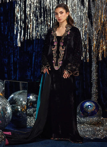 Farah Talib Aziz | Velvet Fete 4 | Nori Black Kaftan - Aqsa Fabrics