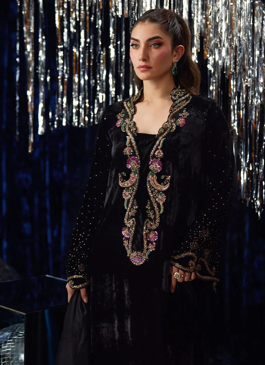 Farah Talib Aziz | Velvet Fete 4 | Nori Black Kaftan - Aqsa Fabrics