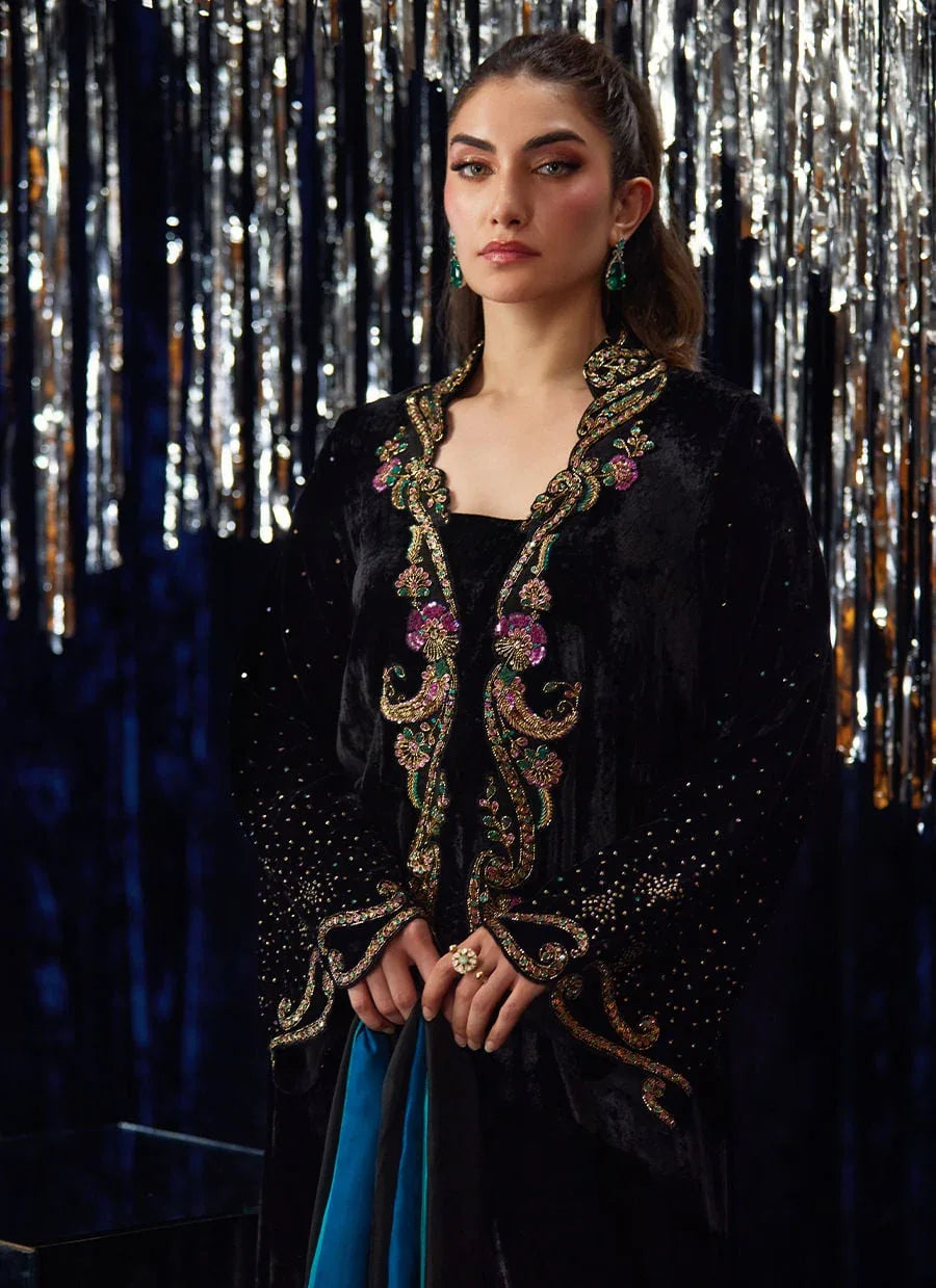 Farah Talib Aziz | Velvet Fete 4 | Nori Black Kaftan - Aqsa Fabrics