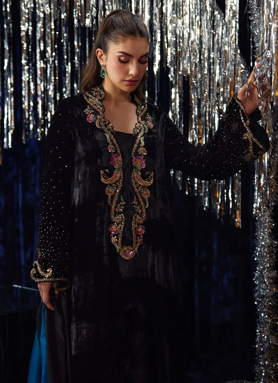 Farah Talib Aziz | Velvet Fete 4 | Nori Black Kaftan - Aqsa Fabrics