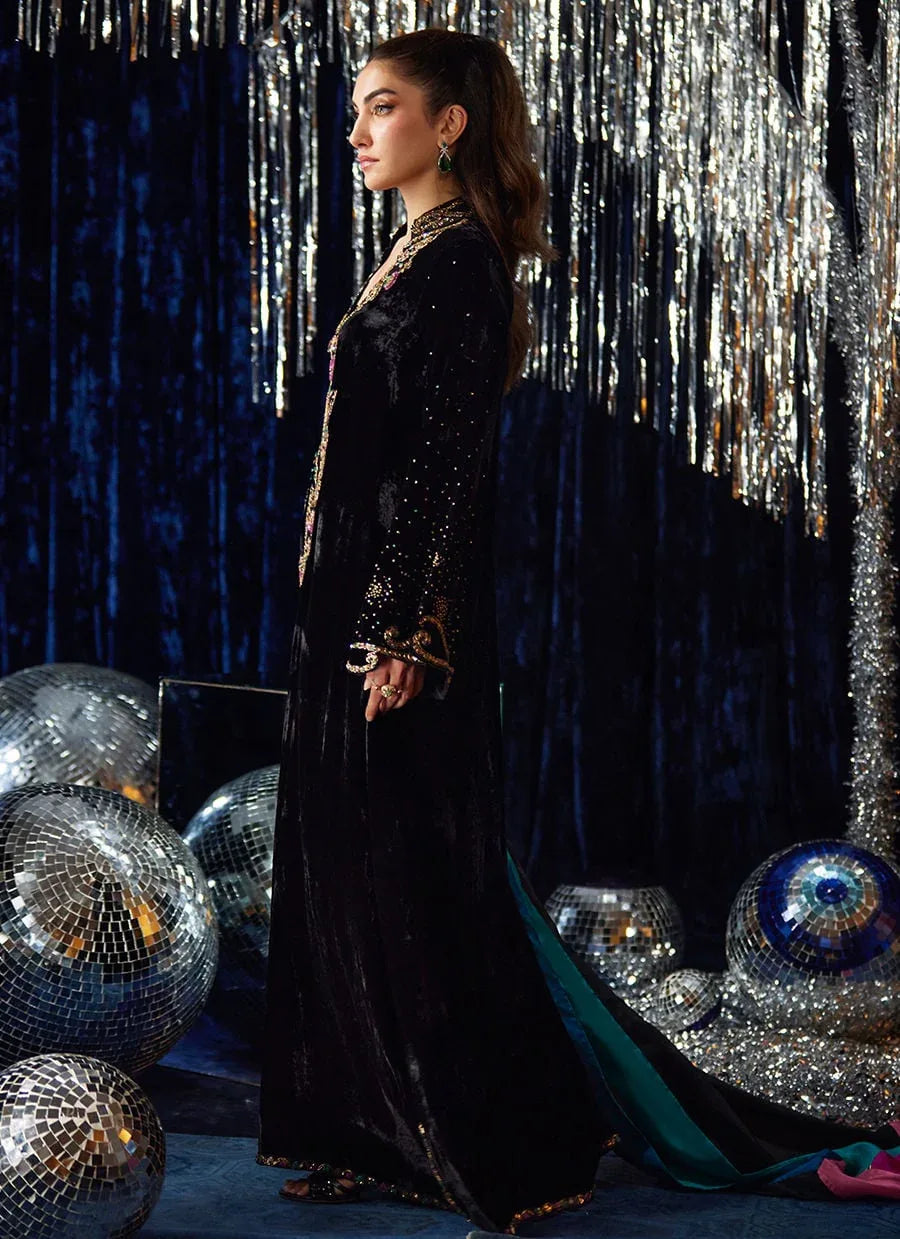 Farah Talib Aziz | Velvet Fete 4 | Nori Black Kaftan - Aqsa Fabrics