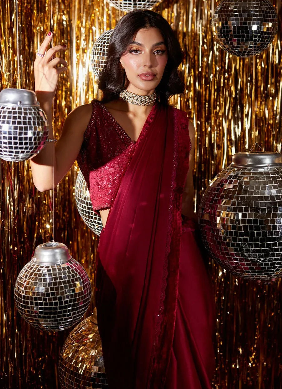 Farah Talib Aziz | Velvet Fete 4 | Carmine Charmeuse Saree And Velvet Blouse - Aqsa Fabrics