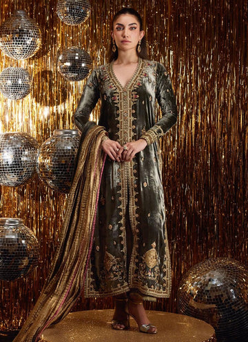 Farah Talib Aziz | Velvet Fete 4 | Sarina Slate Shirt And Dupatta - Aqsa Fabrics