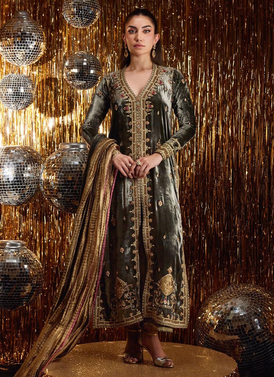 Farah Talib Aziz | Velvet Fete 4 | Sarina Slate Shirt And Dupatta - Aqsa Fabrics