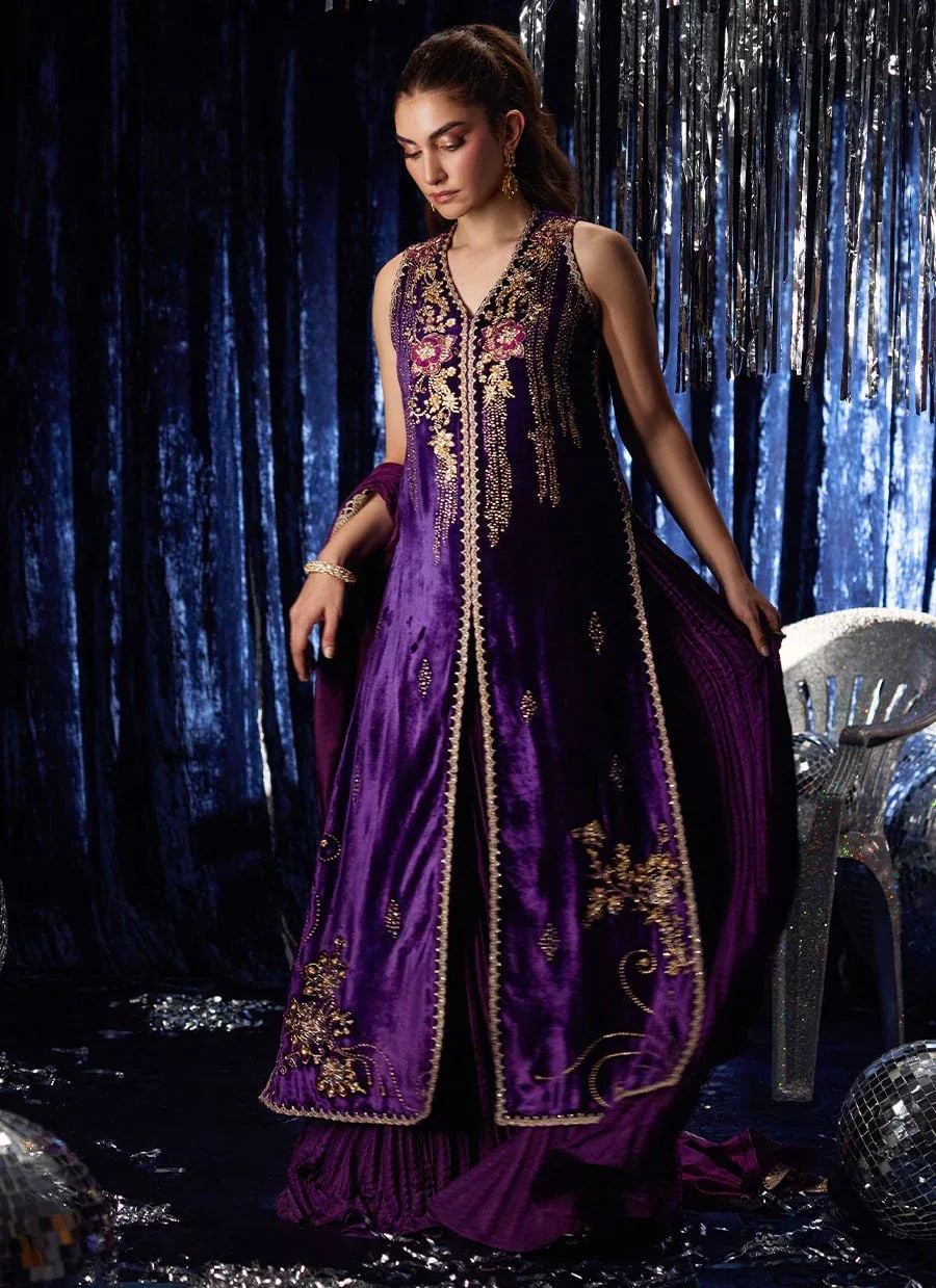 Farah Talib Aziz | Velvet Fete 4 | Amima Aubergine Shirt And Dupatta - Aqsa Fabrics