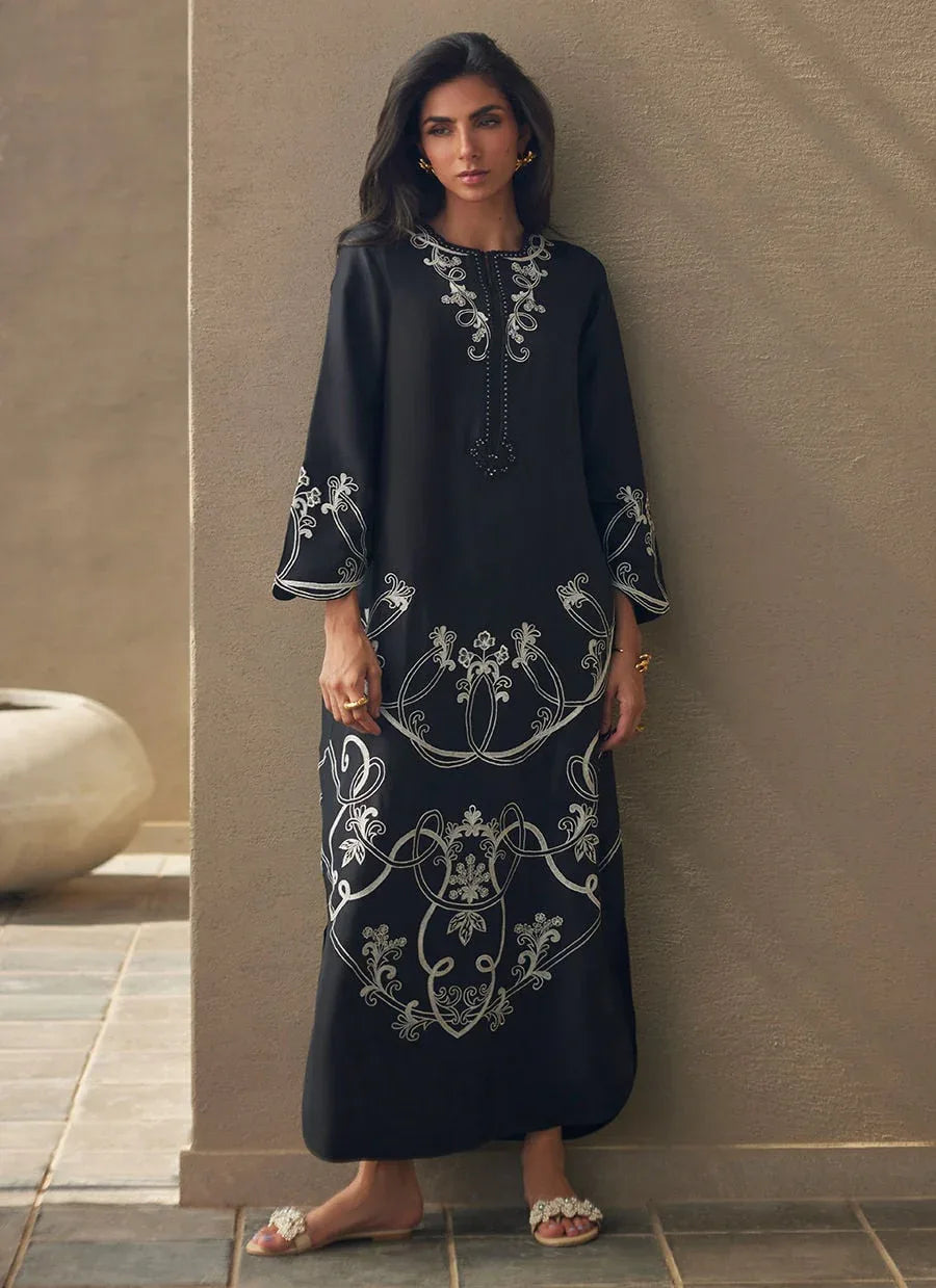 Farah Talib Aziz | Laani The Kaftan Edit | Serai Black Silk - Aqsa Fabrics