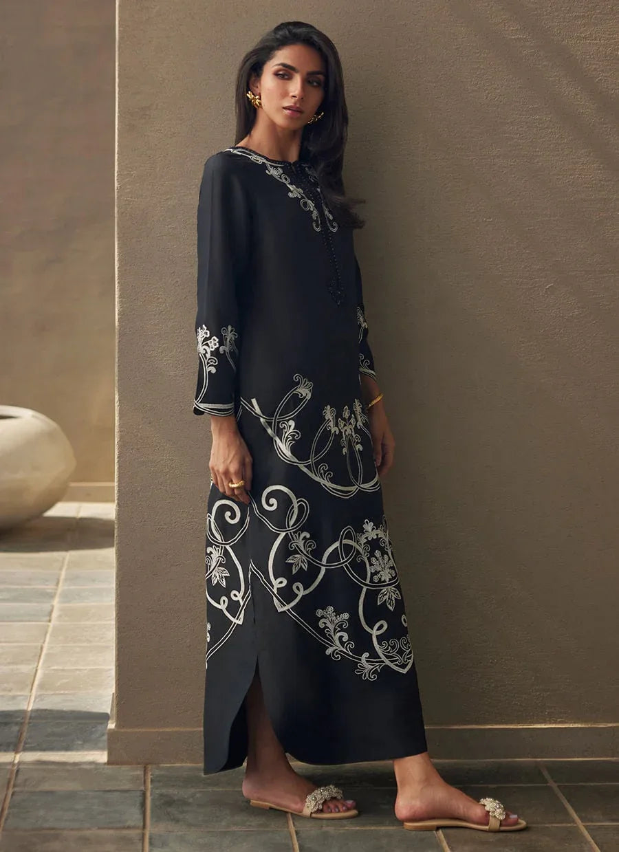 Farah Talib Aziz | Laani The Kaftan Edit | Serai Black Silk - Aqsa Fabrics