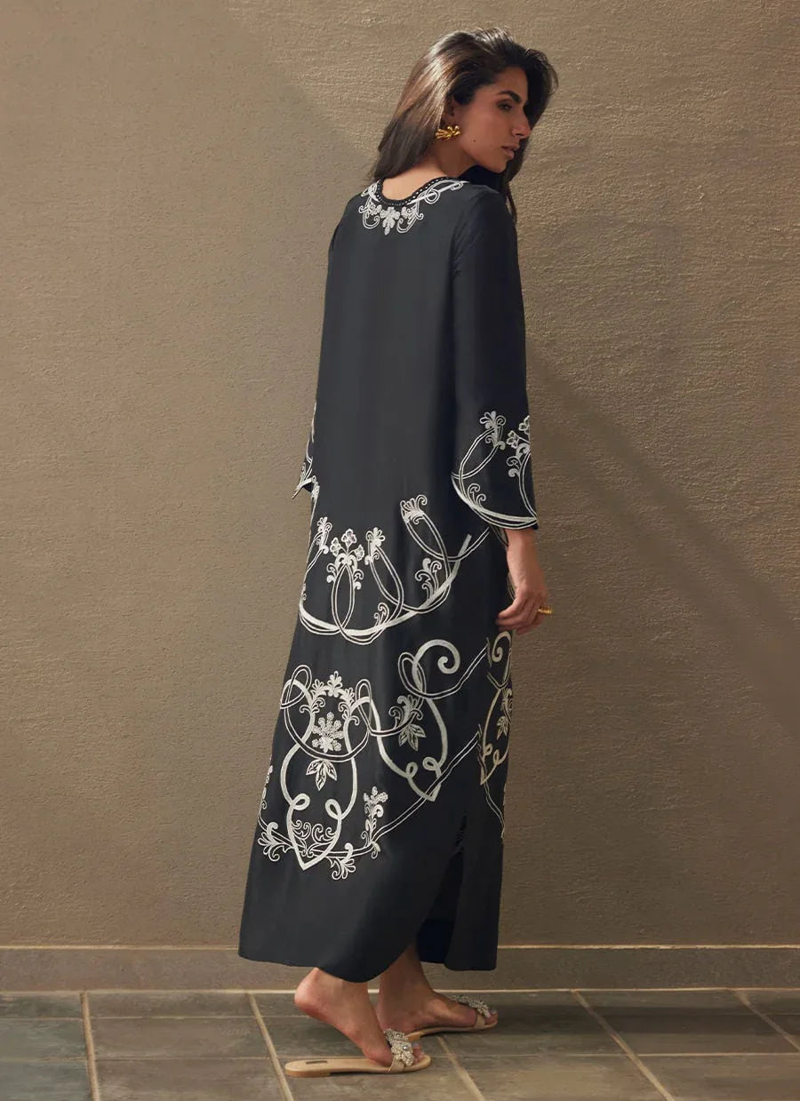 Farah Talib Aziz | Laani The Kaftan Edit | Serai Black Silk - Aqsa Fabrics