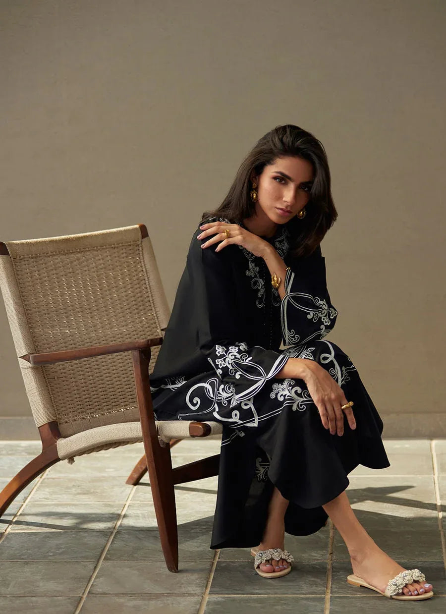 Farah Talib Aziz | Laani The Kaftan Edit | Serai Black Silk - Aqsa Fabrics