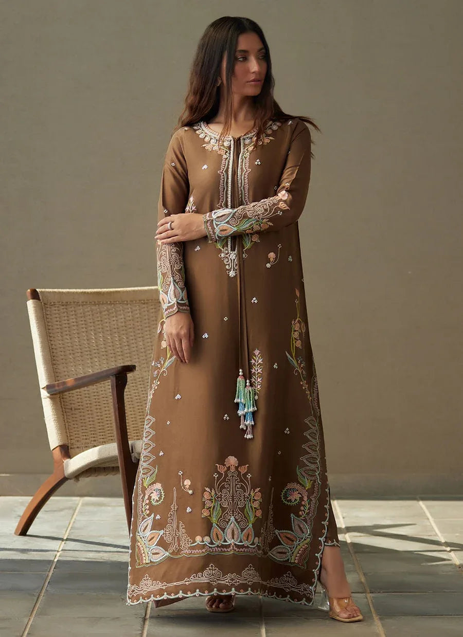 Farah Talib Aziz | Laani The Kaftan Edit | Enia Espresso Silk - Aqsa Fabrics