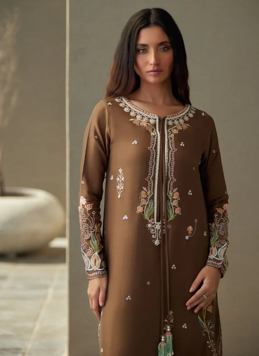 Farah Talib Aziz | Laani The Kaftan Edit | Enia Espresso Silk - Aqsa Fabrics
