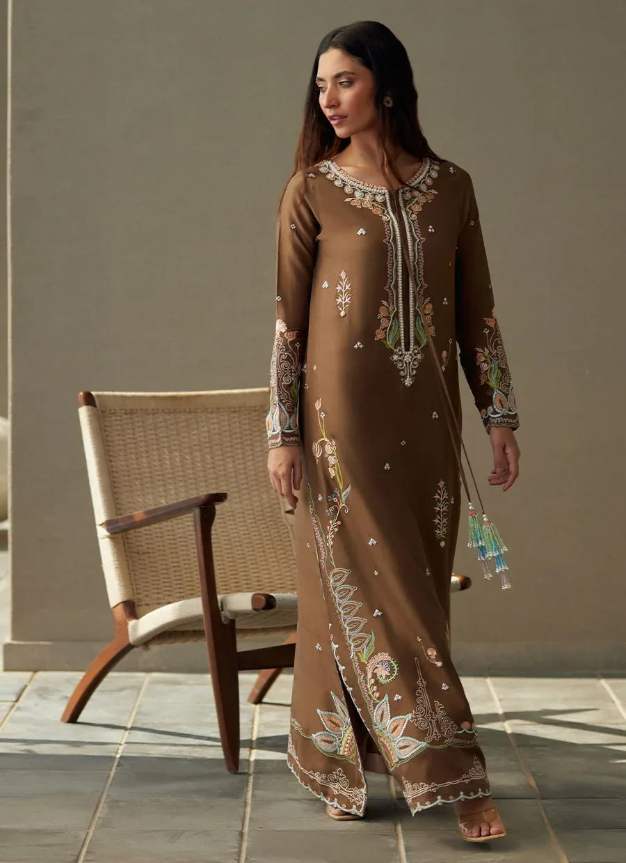 Farah Talib Aziz | Laani The Kaftan Edit | Enia Espresso Silk - Aqsa Fabrics