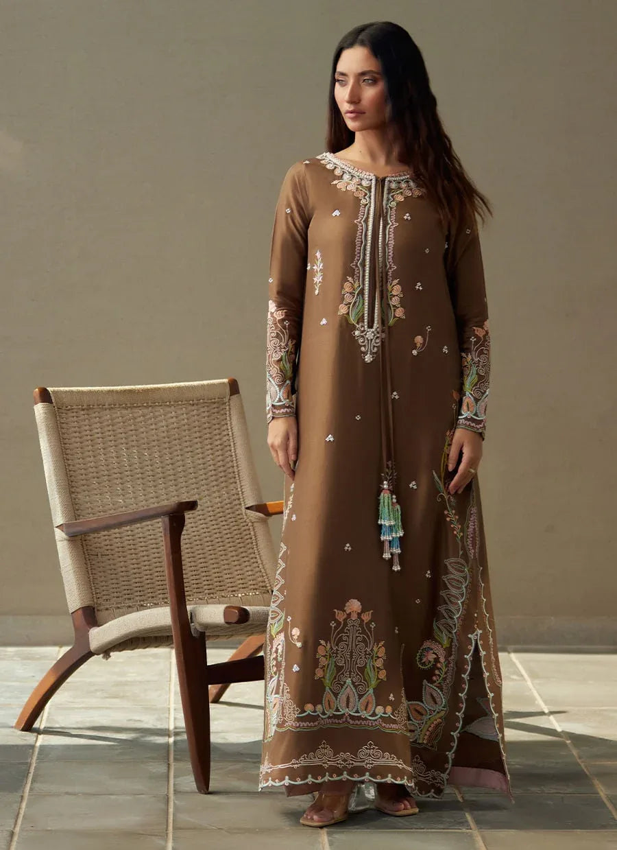 Farah Talib Aziz | Laani The Kaftan Edit | Enia Espresso Silk - Aqsa Fabrics