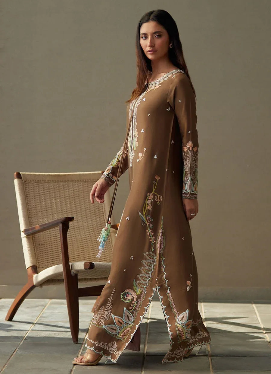 Farah Talib Aziz | Laani The Kaftan Edit | Enia Espresso Silk - Aqsa Fabrics