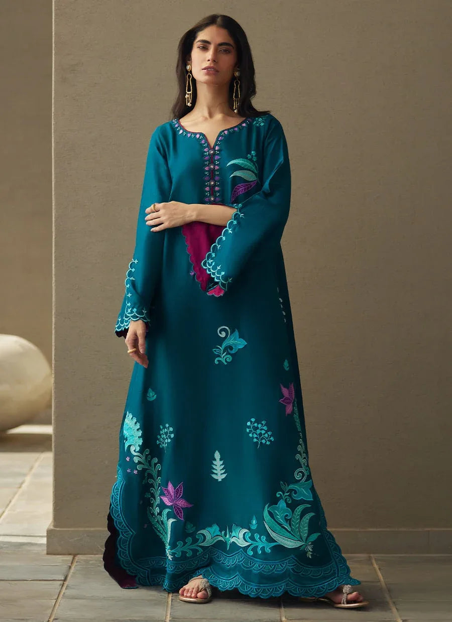 Farah Talib Aziz | Laani The Kaftan Edit | Azurea Teal Silk - Aqsa Fabrics