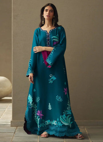 Farah Talib Aziz | Laani The Kaftan Edit | Azurea Teal Silk - Aqsa Fabrics
