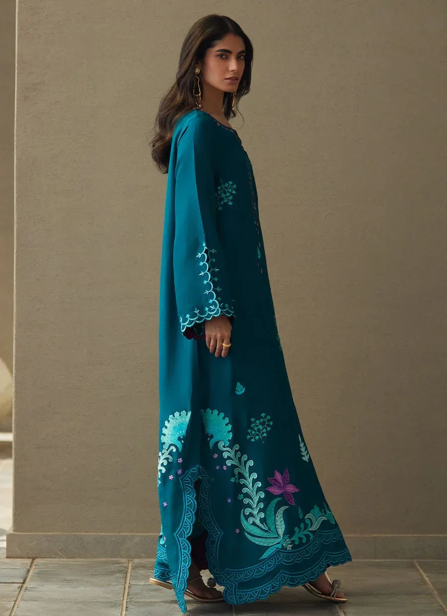 Farah Talib Aziz | Laani The Kaftan Edit | Azurea Teal Silk - Aqsa Fabrics