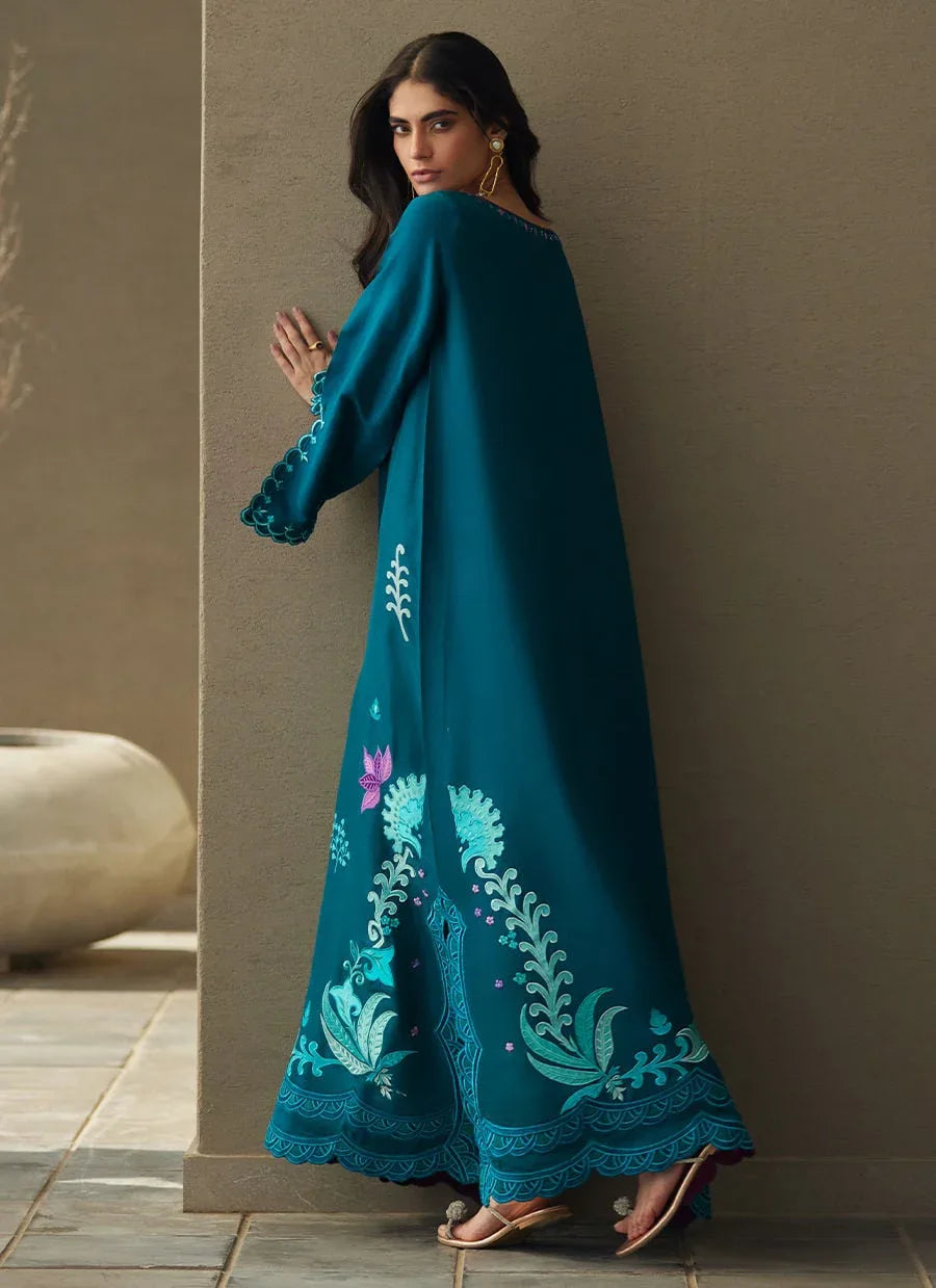 Farah Talib Aziz | Laani The Kaftan Edit | Azurea Teal Silk - Aqsa Fabrics