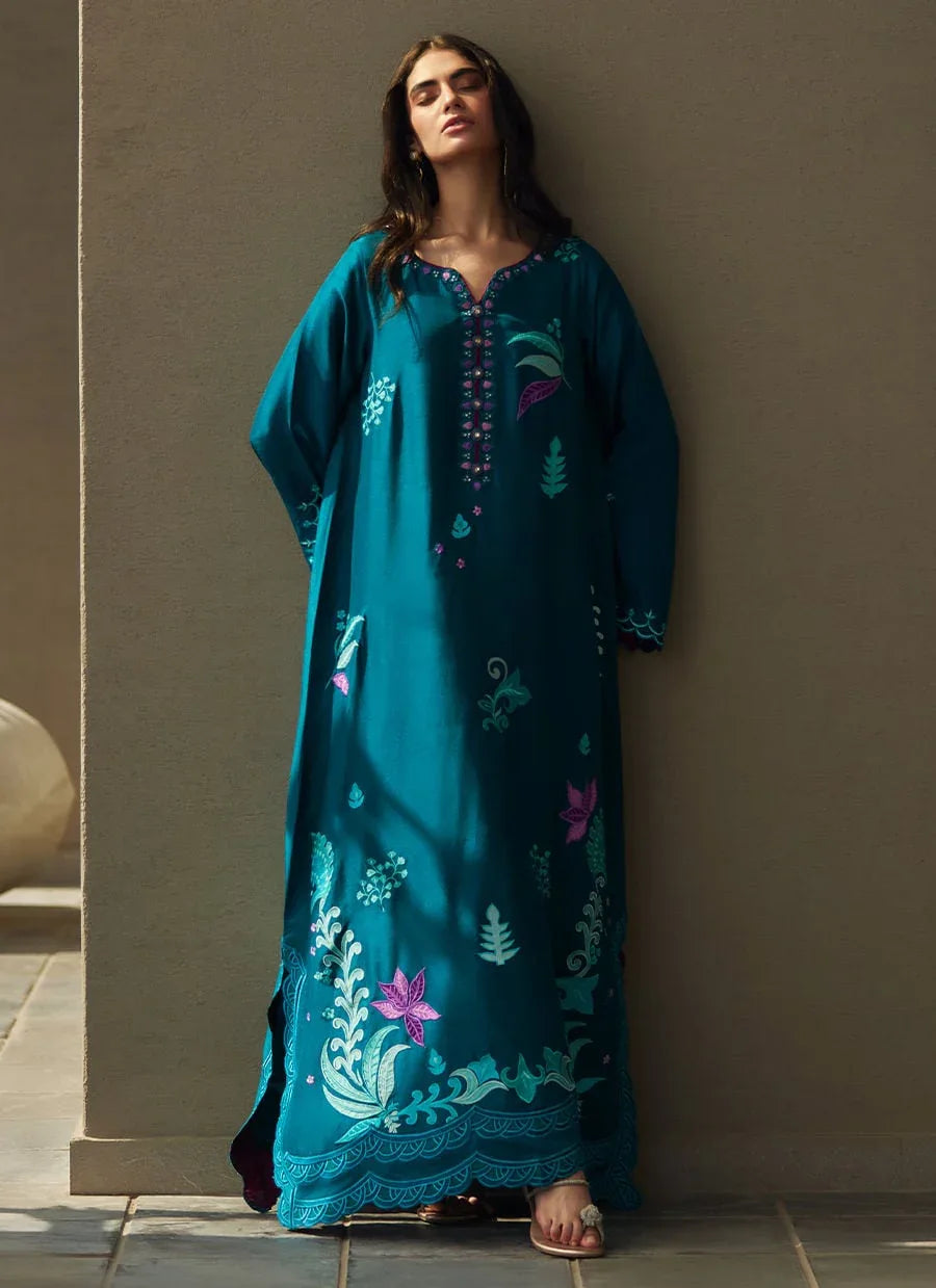 Farah Talib Aziz | Laani The Kaftan Edit | Azurea Teal Silk - Aqsa Fabrics