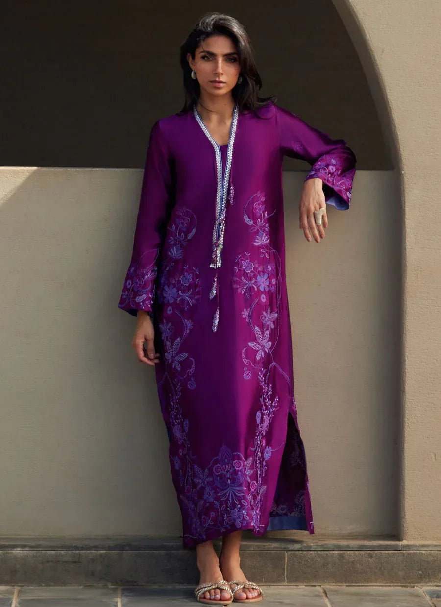 Farah Talib Aziz | Laani The Kaftan Edit | Gilly Grape Silk - Aqsa Fabrics