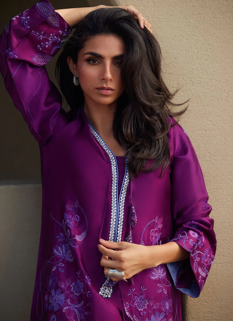 Farah Talib Aziz | Laani The Kaftan Edit | Gilly Grape Silk - Aqsa Fabrics