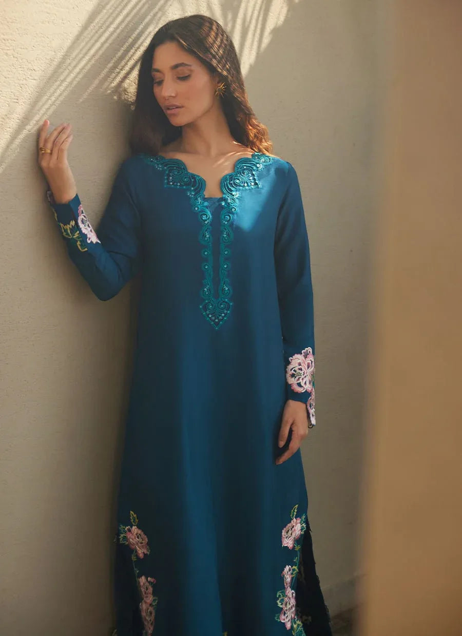 Farah Talib Aziz | Laani The Kaftan Edit | Terra Teal - Aqsa Fabrics