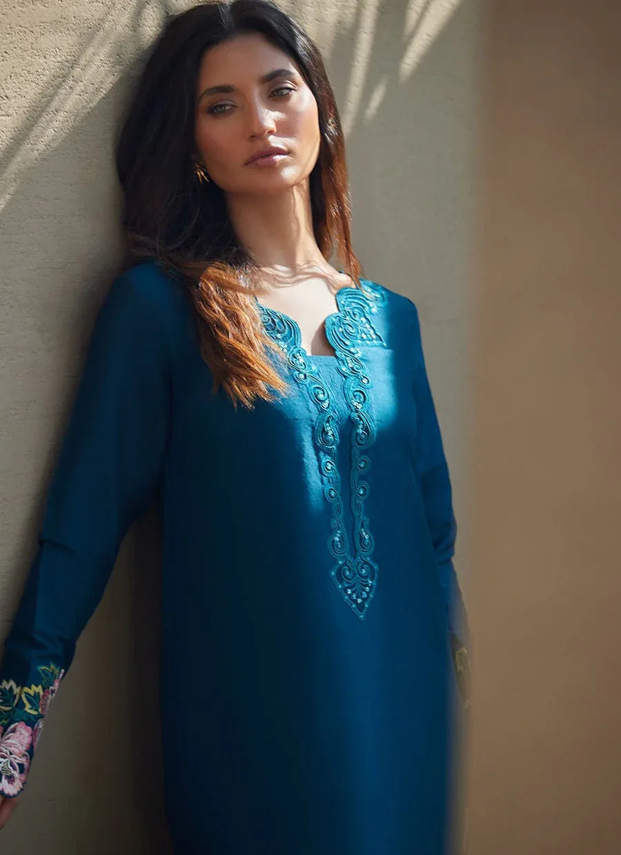 Farah Talib Aziz | Laani The Kaftan Edit | Terra Teal - Aqsa Fabrics