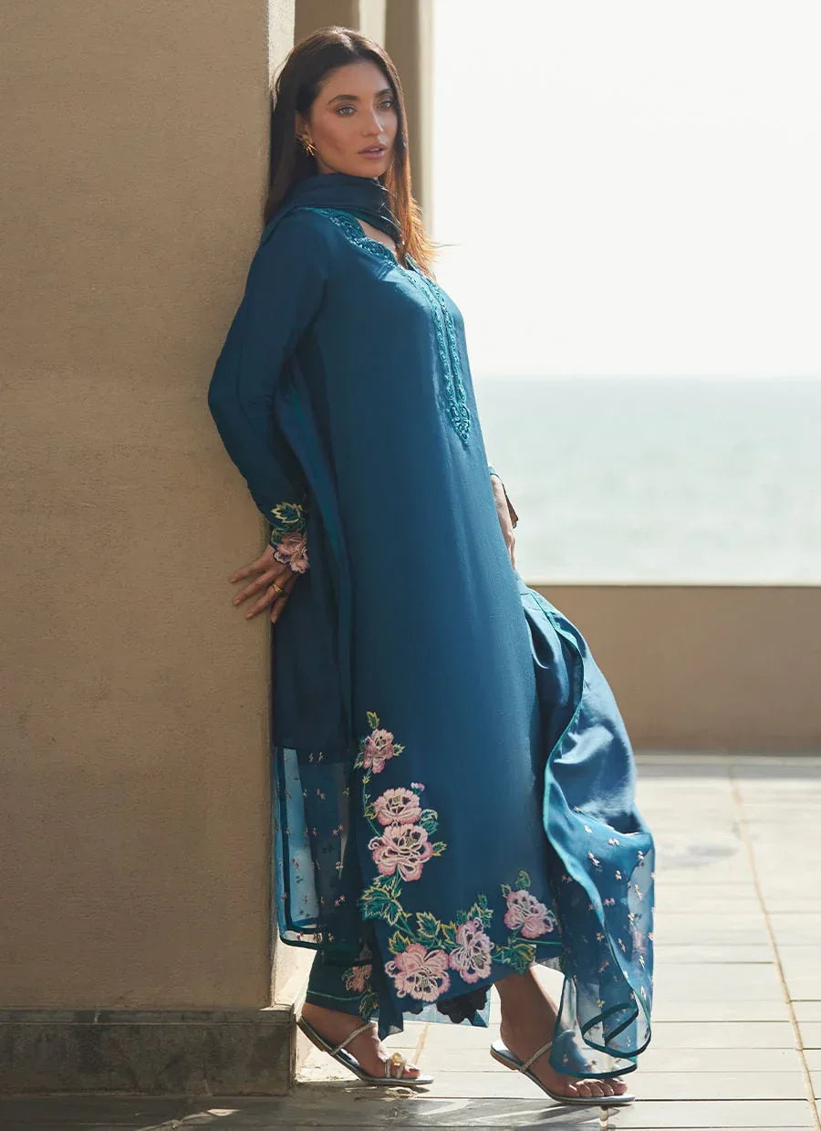 Farah Talib Aziz | Laani The Kaftan Edit | Terra Teal - Aqsa Fabrics