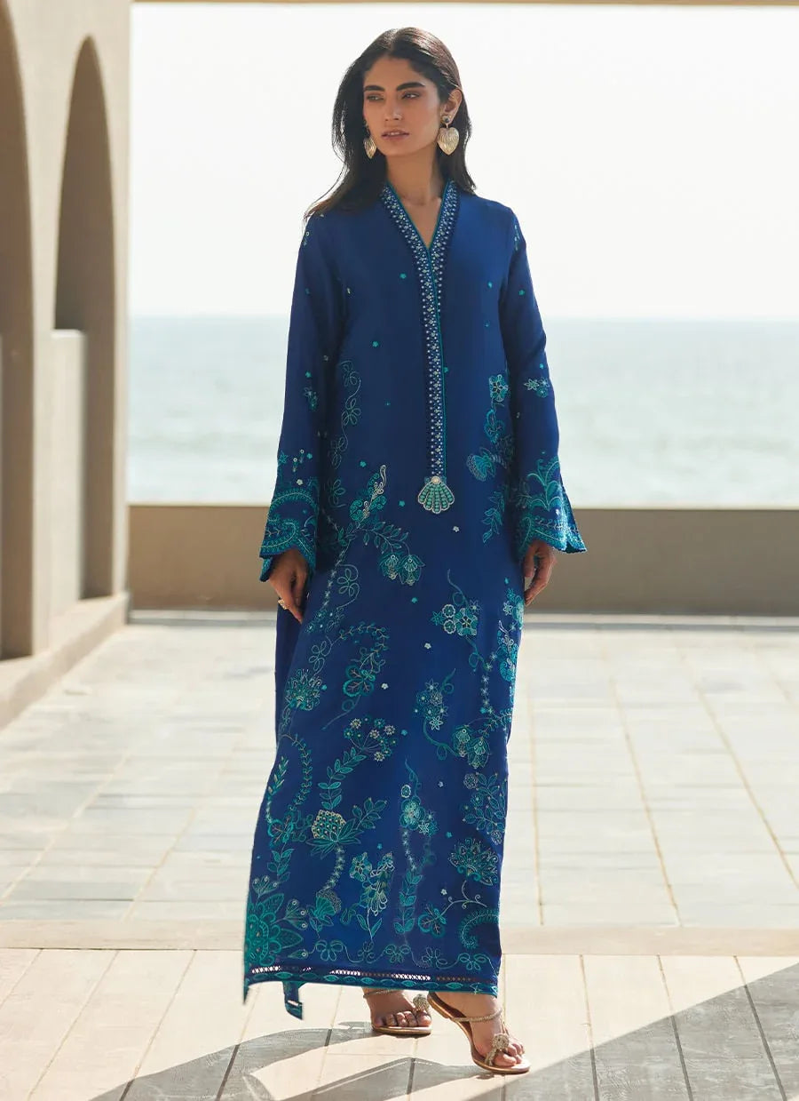 Farah Talib Aziz | Laani The Kaftan Edit | liri Ink Blue - Aqsa Fabrics
