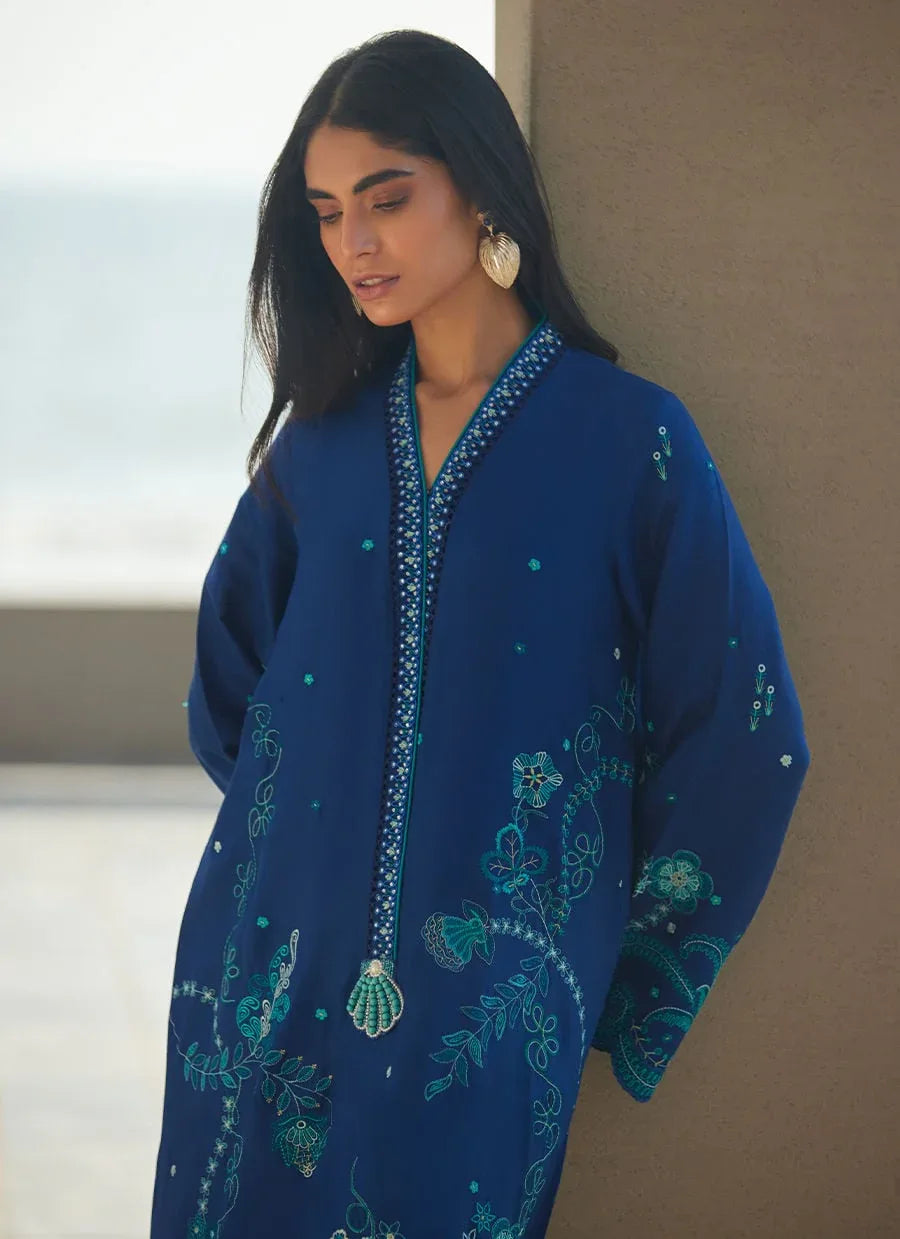 Farah Talib Aziz | Laani The Kaftan Edit | liri Ink Blue - Aqsa Fabrics