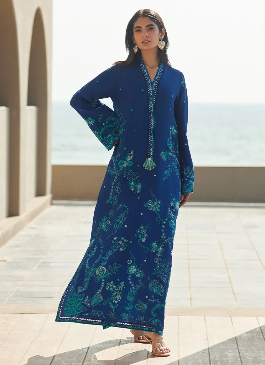 Farah Talib Aziz | Laani The Kaftan Edit | liri Ink Blue - Aqsa Fabrics