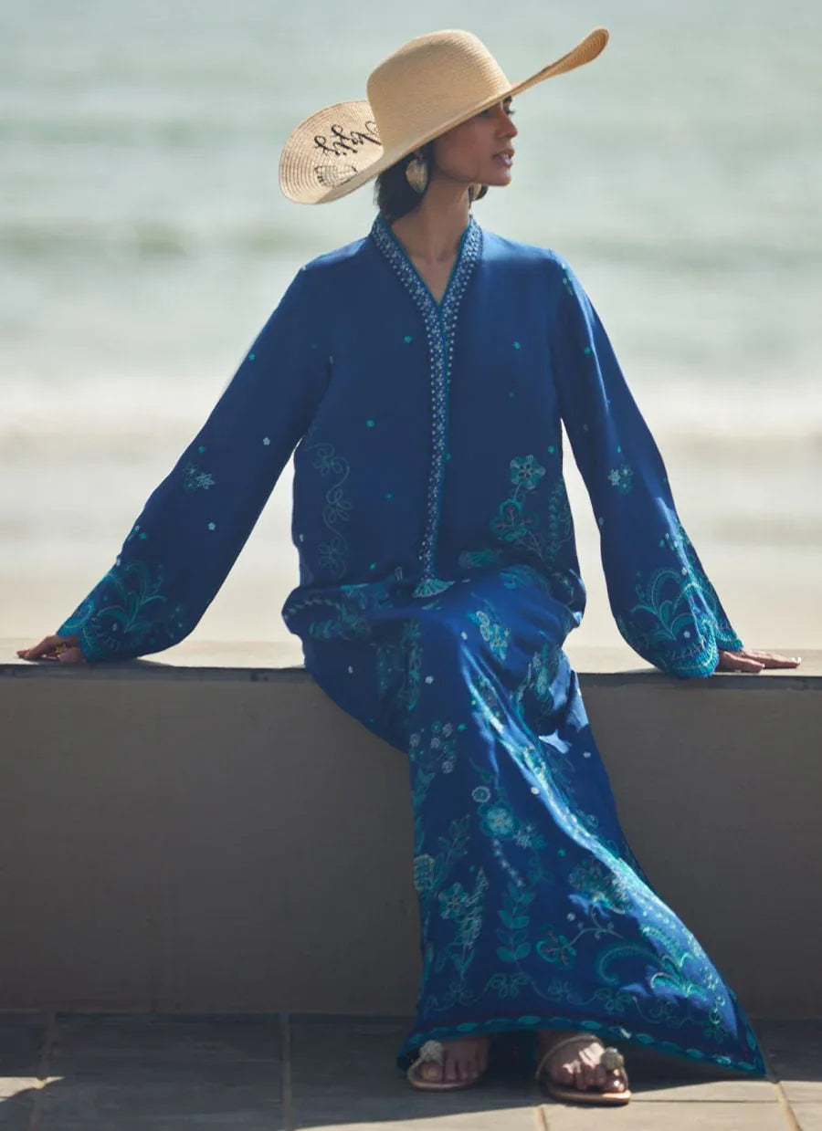 Farah Talib Aziz | Laani The Kaftan Edit | liri Ink Blue - Aqsa Fabrics