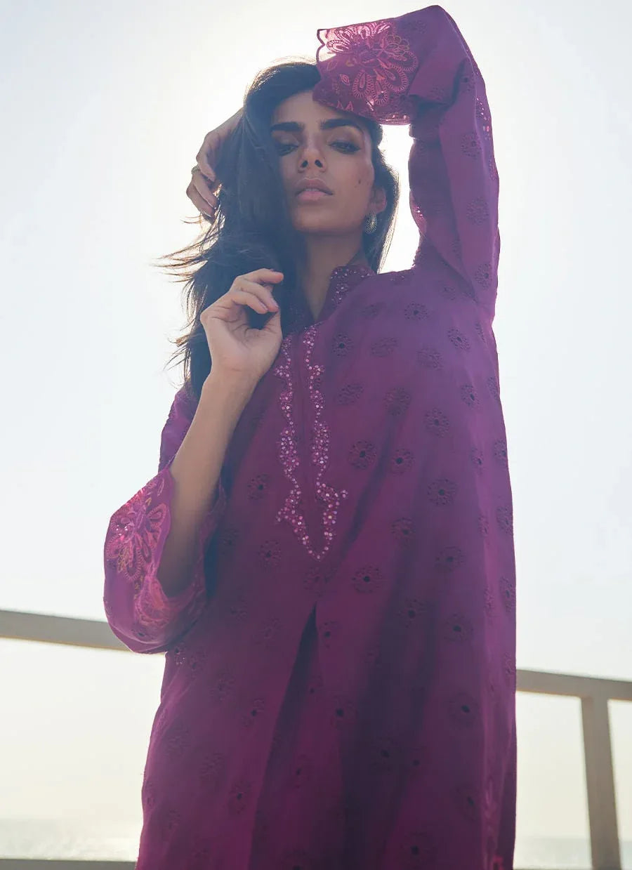 Farah Talib Aziz | Laani The Kaftan Edit | Marbella Magenta Silk - Aqsa Fabrics