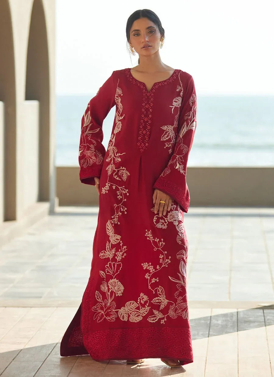 Farah Talib Aziz | Laani The Kaftan Edit | Siren Scarlett Silk - Aqsa Fabrics