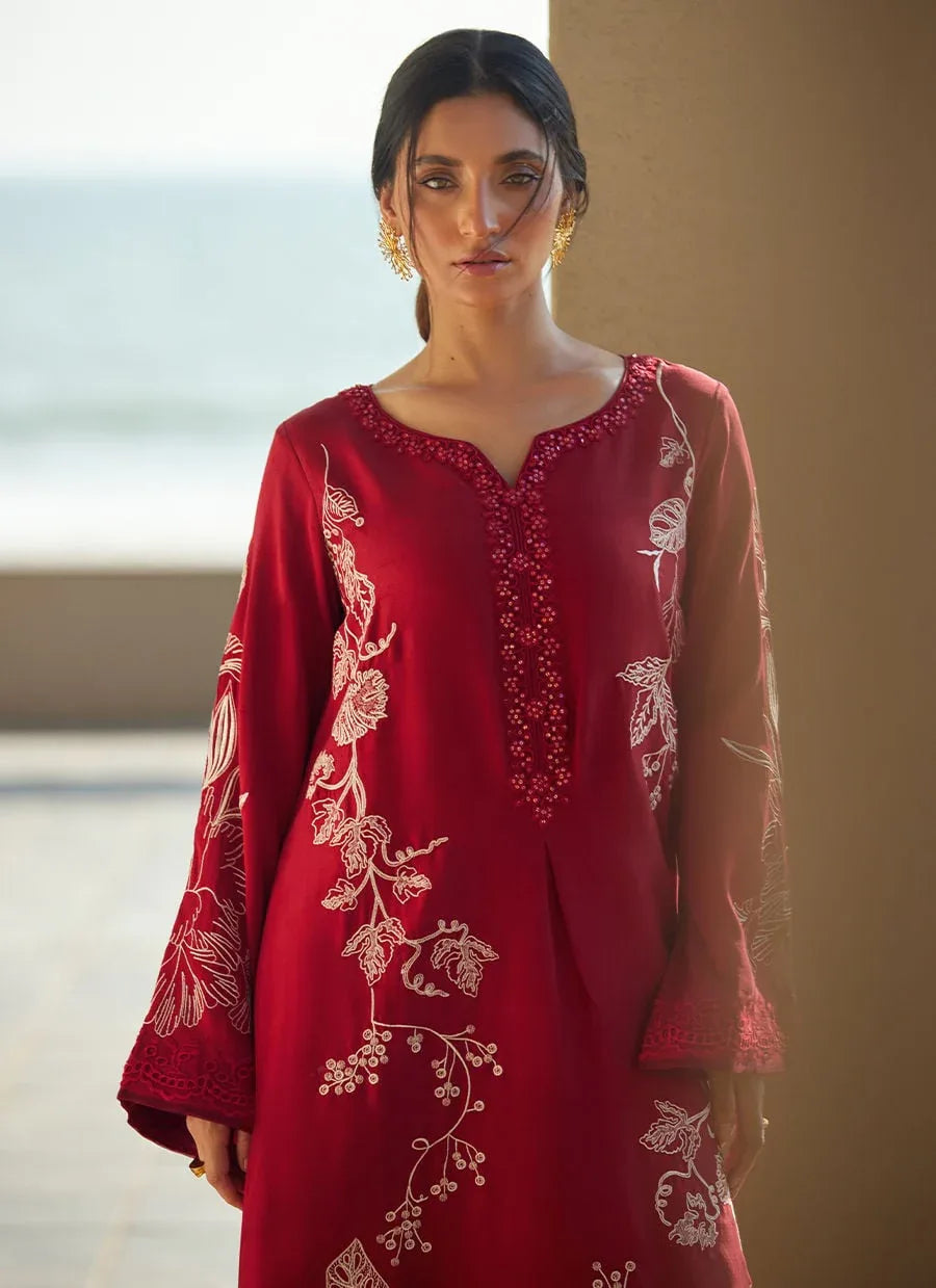 Farah Talib Aziz | Laani The Kaftan Edit | Siren Scarlett Silk - Aqsa Fabrics